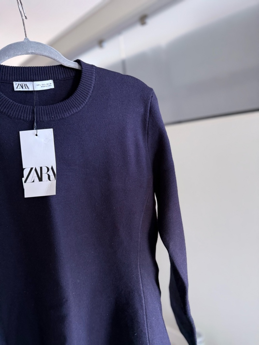Zara Navy Blue Knit Dress Long Sleeve A-Line Size L NWT - Picture 3 of 4